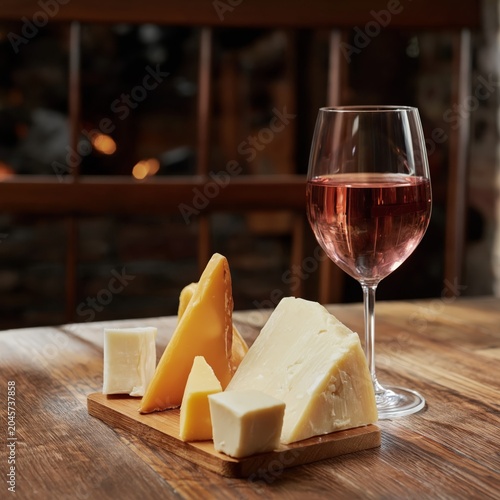 Cheese and Wine Set on a Wooden Table With Soft Colors in a Cozy Setting Duri...