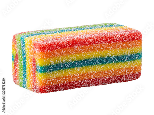 Vászonkép Rectangular block of vibrant layered rainbow sour candy, a sweet and tangy treat isolated on transparent background