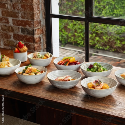 Various Dishes Served on a Wooden Table at a Gathering During the Day