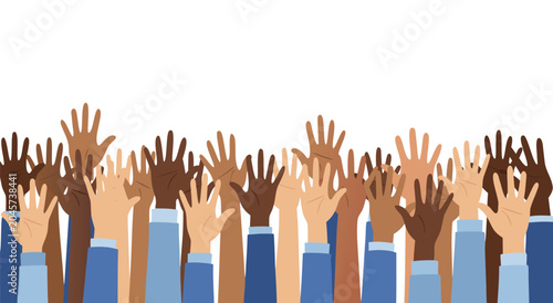 Fotografie Vector illustration of a diverse group of hands raised up in a crowd symbolizing