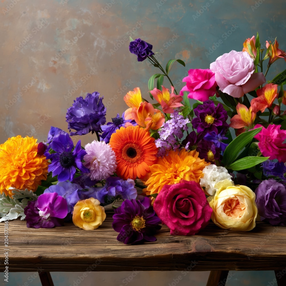 Fototapeta premium Bright Flowers Arranged on a Wooden Table in Daylight With Colorful Blooms Covering the Surface