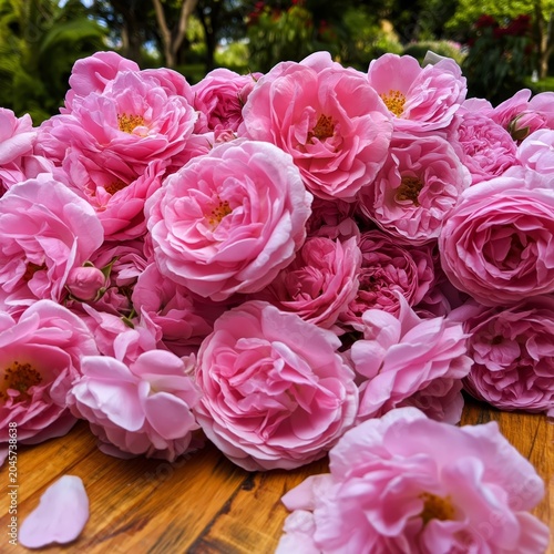 Pink Roses Arranged on Wooden Surface in Garden During Sunny Afternoon