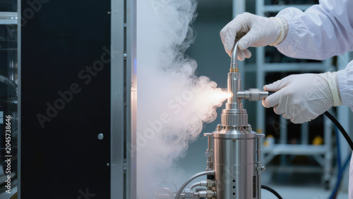 Gloved technician adjusting cryogenic vaporizer in laboratory emitting mist, clinical environment, precision work
