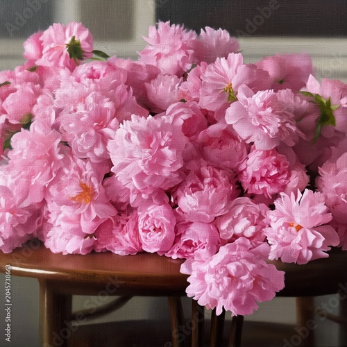Pink Roses Arranged on Wooden Surface in Garden During Sunny Afternoon