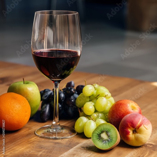 Red Wine in a Glass Beside Fresh Fruits on a Wooden Table in a Bright Space