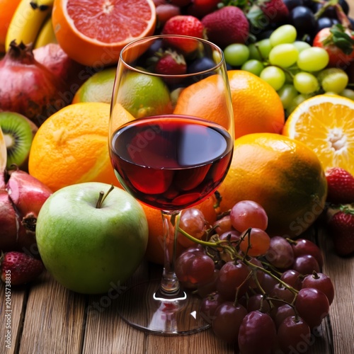 Red Wine in a Glass Beside Fresh Fruits on a Wooden Table in a Bright Space