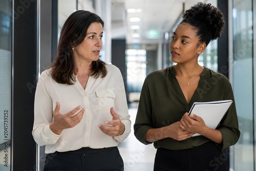 Two professional women engaged in conversation in a modern office setting.