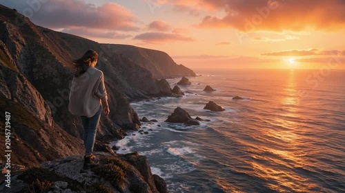 Woman standing on a rocky cliff overlooking the ocean during a colorful sunset