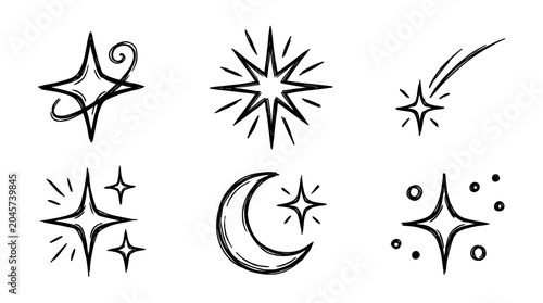 Photos Hand drawn twinkle star and crescent doodle icon set