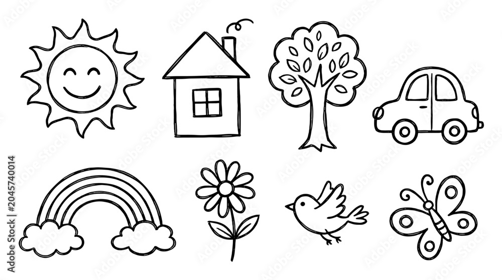 Fototapeta premium Cute hand drawn doodle set with sun house tree car and rainbow