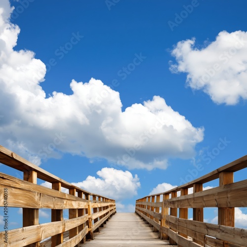 Wooden Bridge Leads to Open Sky With Clouds on a Sunny Day