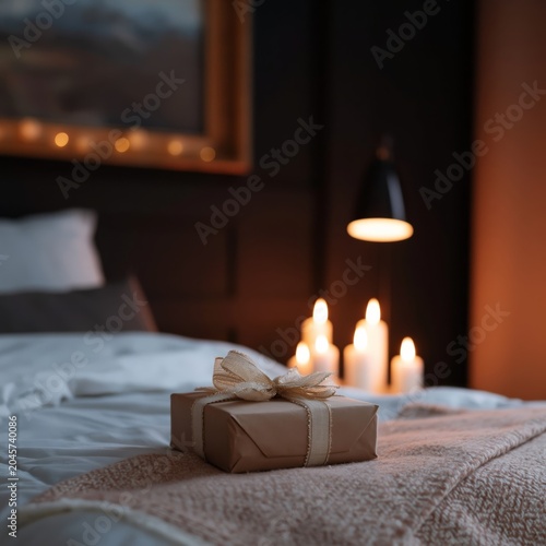 Gift Box on Bed With Lit Candles in the Background During Evening Hours