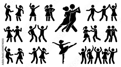 Quadro su tela Black dancing stick figure pictogram icon set on white