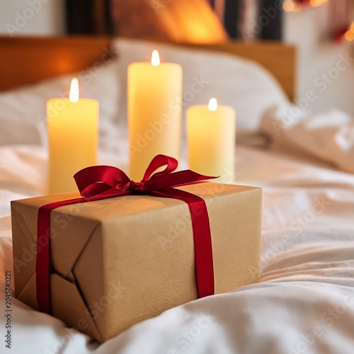 Gift Box With Red Ribbon and Candles on a Bed During Evening