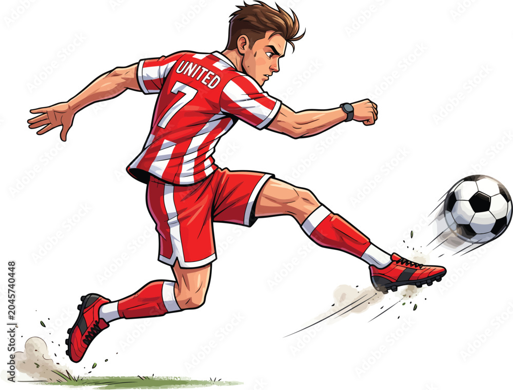 Naklejka premium Dynamic illustration of a soccer player kicking a ball