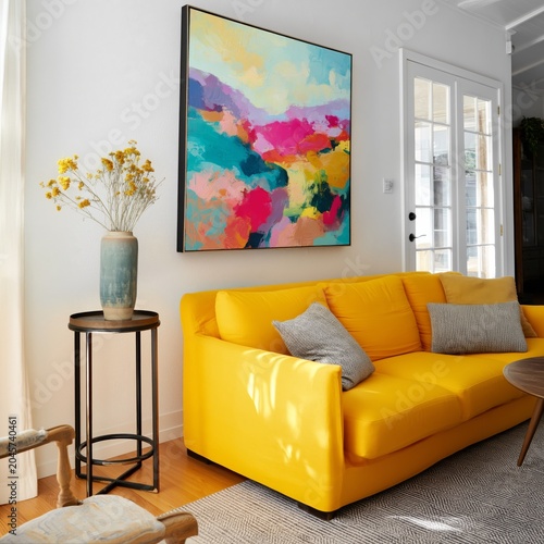 Bright Sofa and Colorful Artwork in a Living Room With Natural Light in a Coz...