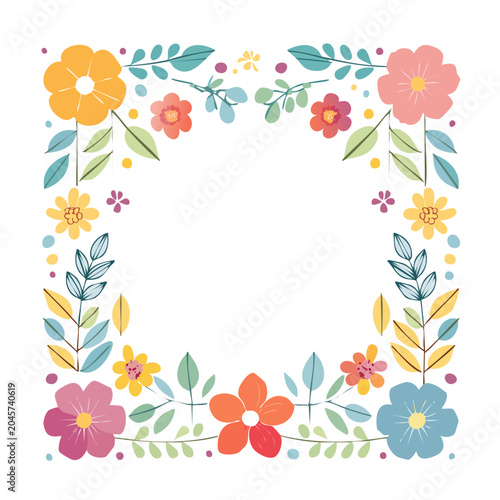 Colorful floral border with leaves and dots on white background