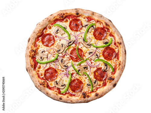 Obraz na plátně Whole classic Italian pepperoni pizza with mushrooms, bell peppers, and onions, isolated on a transparent background