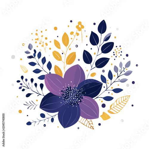 Flat design illustration of purple and blue flower with yellow leaves