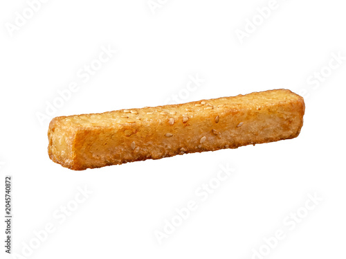 Tableau sur toile Golden fried cheese stick or fritter with sesame seeds, a savory snack food, isolated on transparent background