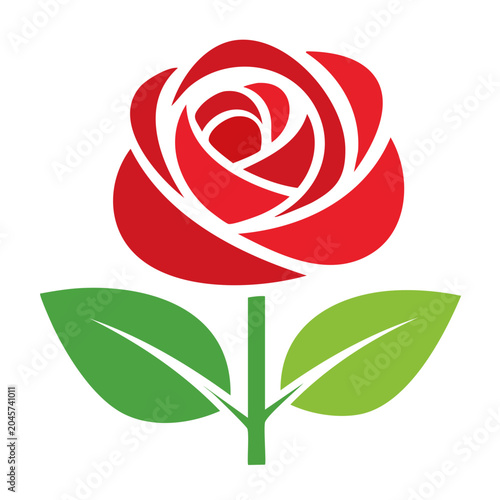 Stylized red rose with green leaves on white background