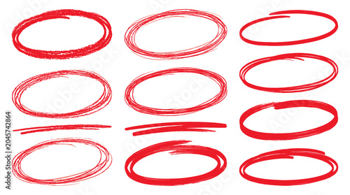 Fotografía Set of red hand drawn oval highlight marks and frames