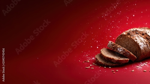 A rustic artisan loaf of bread sits sliced on a vibrant red backdrop, showcasing its texture, crust, and wholesome ingredients, inviting warmth and sharing.