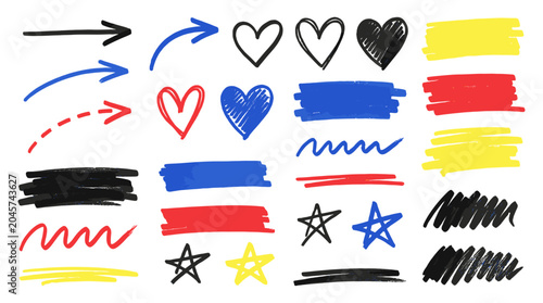 Schilderij op canvas Hand drawn marker arrows hearts stars and highlight brush strokes