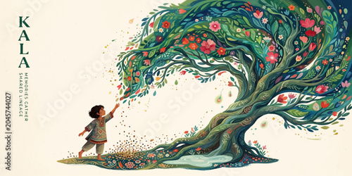 Foto Wonder of Growth: A child reaches out to a fantastical tree adorned with vibrant flowers and abundant foliage, symbolizing the magic of nature and the boundless potential of growth