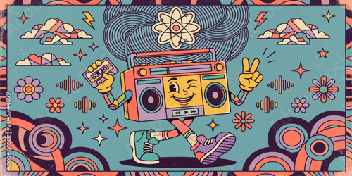 Retro Boombox Buddy: A whimsical, retro boombox character with a winking face and a peace sign poses playfully amidst a colorful, psychedelic backdrop filled with flowers, stars.