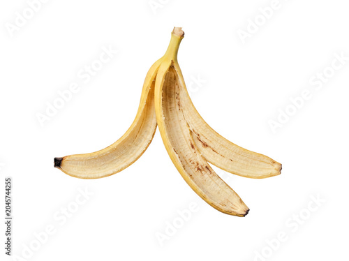Foto A single yellow banana peel, partially unpeeled, showcasing organic waste isolated on a transparent background
