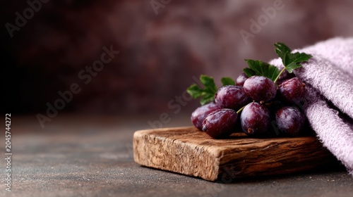 A beautifully styled image of grapes resting on a rustic wooden plate, paired with a soft towel, evoking a sense of freshness and culinary delight in food styling.