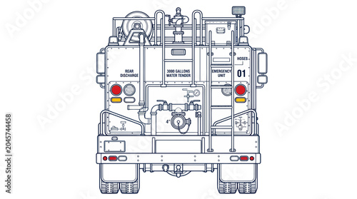 Obraz na płótnie Fire Truck Blueprint - Rear View of Water Tanker Vehicle