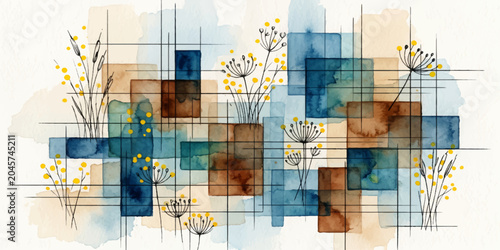Foto Abstract Floral Composition: A harmonious blend of geometric shapes and delicate botanical elements creates a captivating abstract artwork, evoking a sense of calm and organic beauty