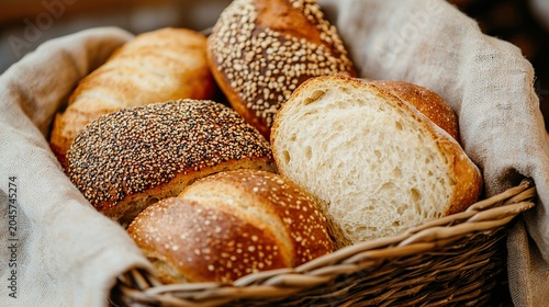 Assortment of fresh bread loaves in a basket, rustic, baked goods,