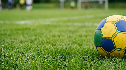 Soccer ball on vibrant green grass field with blurred players in background sports photography