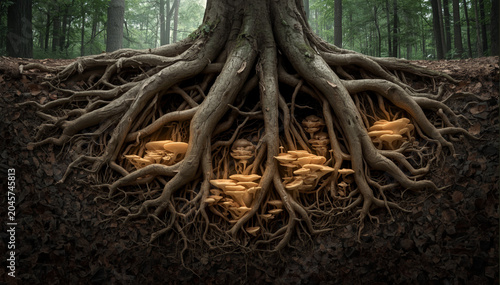 Fototapeta kuchenna Exposed tree roots spread dramatically across a forest floor.