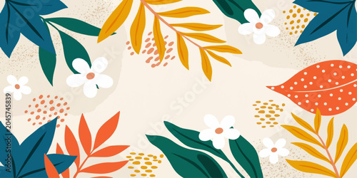 Canvas-taulu Botanical Bliss: A vibrant and stylized floral pattern featuring a medley of colorful leaves and delicate white flowers on a textured, neutral background