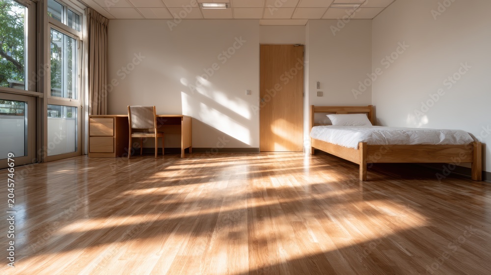 Fototapeta premium A spacious, minimalist room features a single bed and a wooden desk, with natural light pouring in through large windows, creating an inviting atmosphere.