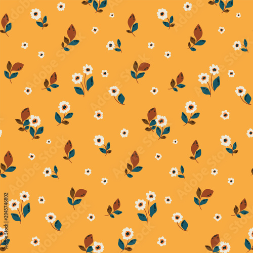 Photography Seamless floral pattern, simple cute ditsy print of hand drawn wild plants abstract on yellow background