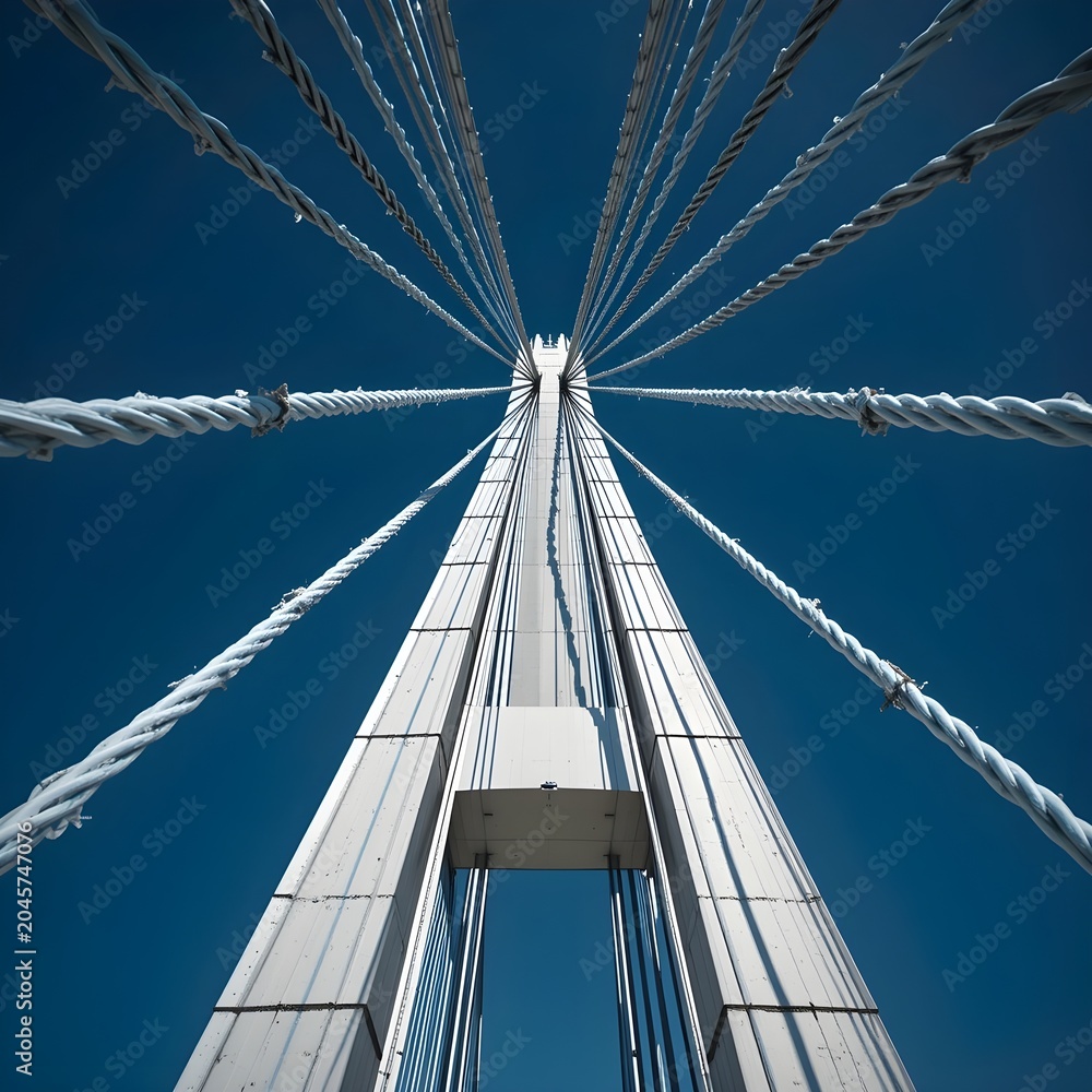 Fototapeta premium A geometric, close-up view of thick steel cables meeting a white bridge tower against a blue sky