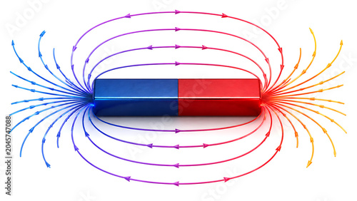 Bar magnet with magnetic field lines visualization | Physics illustration of magnetism | Magnetic flux pattern around north and south poles