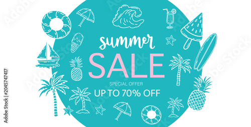 Fotografie Summer sale, doodle pattern with beach items and sunny elements gold on blue bac