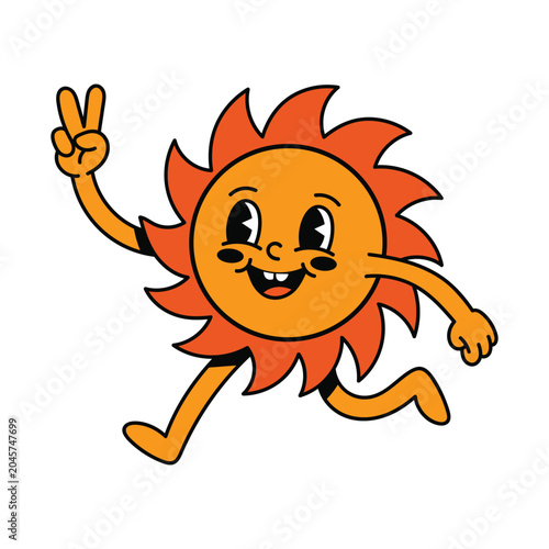Obraz na płótnie Retro Cartoon Sun Character Giving Peace Sign Vector Illustration with Bold Line