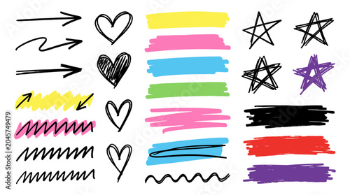 Photos Hand drawn marker arrows hearts stars and colorful highlight strokes