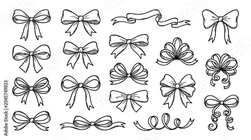 Obraz na płótnie Hand drawn bow and ribbon outline set in doodle style