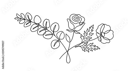 Fotografie Continuous line drawing of floral stems and leaves bouquet