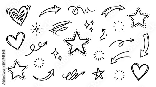 Obraz na płótnie Hand drawn doodle hearts stars arrows and sparkles set