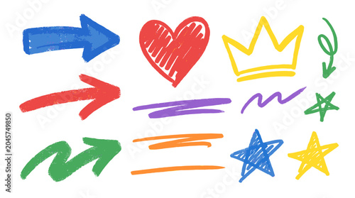 Fotografie Hand drawn colorful marker doodle symbols and arrows set
