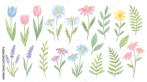 Obraz na płótnie Hand drawn watercolor floral set with pastel flowers and leaves
